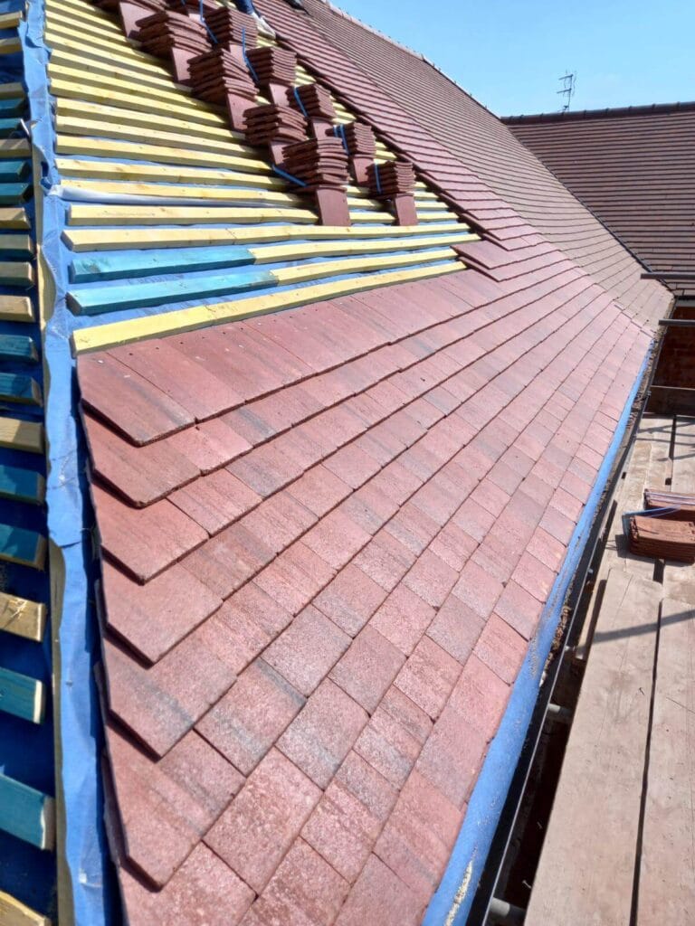 Professional roof services including cleaning, repairs, and painting on a residential property