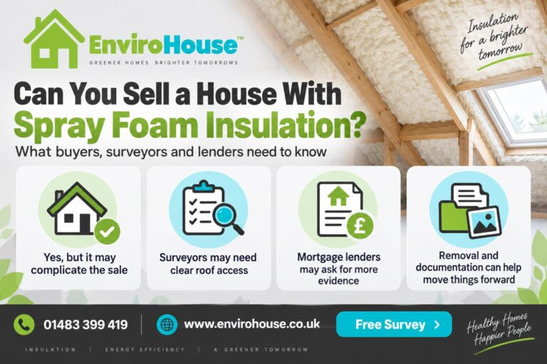 Spray foam insulation house sale infographic with surveyor and lender advice