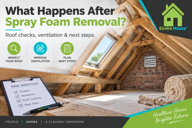Clean loft after spray foam removal showing exposed roof timbers, ventilation, roof survey checks and replacement insulation.