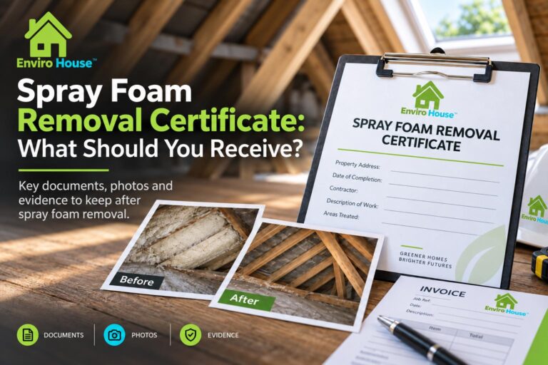 Spray foam removal certificate with before and after loft photos and supporting documents