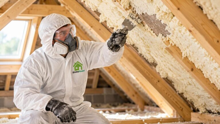 Enviro House specialist removing spray foam insulation from roof timbers in a loft